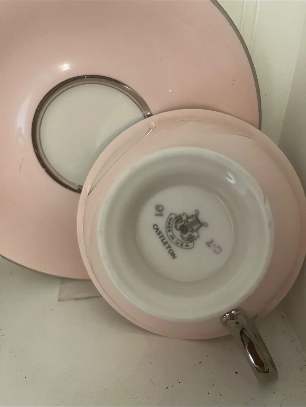 Pink Porcelain Tea Cup and Saucer with Silver Trim
